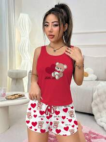 Set Piyama Kasual Wanita Motif Beruang dan Hati (Kamisol dan Celana Pendek) - MultiWarna - View 5