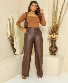 Women's Leather Wide-Leg Pants, Versatile And Comfortable. - 鏽棕色 - 查看 1