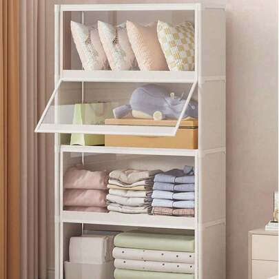 1pc Black & White Dual-Color Clothes Storage Cabinet, Dust-Proof, Space-Saving Portable Wardrobe Rack With Cover, Multi-Layer Bedroom Storage Shelf - With Cover Design, Suitable For Home And Dorm, Modern Bedroom Storage And Clothing Organization, Sturdy Structure, Clothing Storage And Organization, Holiday/Mother's Day Gift