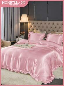 2/3pcs Satin Ruffled Duvet Cover Set, Ruffled Tassel Duvet Cover Set, Solid Retro Luxury Farmhouse Style Bedding Set, 3pcs Boho Ruffled Tie Duvet Cover Set (Comforter Not Included). Perfectly Fits Twin, Full, Queen, King Size Beds. Suitable For Home Bedding, Dorm Supplies And Christmas Decor. - Pink - View 2