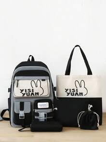 Contrast Color Rabbit Letter Print Backpack, Multi-Compartment Storage, Padded Shoulder Straps, Side Water Bottle Pocket, Multi-Color Options - Multicolor - View 12