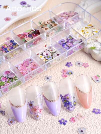 12Grids Wood Pulp Flower Nails Art Decoration Bee Butterfly Tulip Daisy Summer Garden Party Nails Charms Design DIY Women Salon Nail Supplies