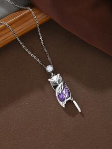 ZHIXUN 1pc Stylish Unique Silver Color Chain Necklace Featuring A Purple Owl Pendant, Easy And Minimalist Design ﻿ - Necklace - View 8