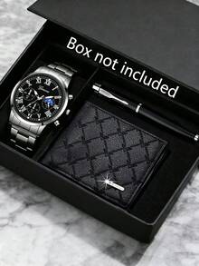 Set Hadiah Bisnis Mewah 3 Buah untuk Pria, Termasuk 1 Jam Tangan Stainless Steel Moonphase Warna Perak-Hitam, 1 Dompet Pendek Beremboss, dan 1 Pulpen Tanda Tangan Bisnis - Perak - View 7