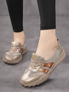 New Summer Women's Plus Size Low-Top Breathable Mesh Shoes, Lightweight Soft Sole Casual Sneakers, Slip-On Comfortable Walking Shoes, Hollow-Out Single Mesh Sports Shoes For Women, Suitable For Travel, Dating, Party, Commuting - Rose Gold - View 2