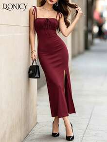 女士酒红色方领连衣裙，性感系带露背褶皱开衩连衣裙，优雅复古派对连衣裙 - 酒紅色 - 查看 8