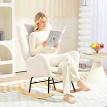 Rocking Chair, Rocking Chair With Armrests, Teddy Bear-Effect Fabric, Nursing Chair With Wooden Sleds, Lumbar Cushion, Reclining Rocking Chair For Living Room, Bedroom, Cream White - Milky - View 8