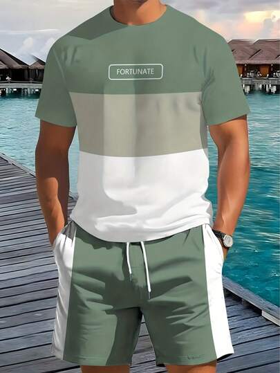 3D Printed Fashionable Three Tone Men's Summer Fresh T-Shirt And Shorts Set, Suitable For Summer Leisure Days And Outdoor Activities
