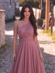 Elegant One Shoulder Knit Formal Dress, Long Fashionable Pleated Design, Suitable For Bridesmaid Or Formal Occasions Wedding - Dusty Pink - View 4