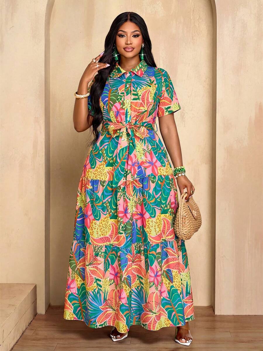 BIUBIU Damen Große Größen Maxi Kleid mit tropischem Blume Muster, Kurzarm, Knopfleiste und Gürtel, modischer und eleganter Sommerstil für den Urlaub - Farbe - Übersicht 1