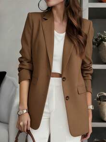 Women's Solid Color Notched Collar Single-Breasted Casual Versatile Daily Wear Blazer - Coffee Brown - View 7