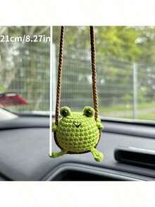 1pc Handmade Crochet Cute Frog, Penguin, Chicken, Duck, Rabbit Car Rearview Mirror Hanging Ornament Decor,Fake Plants - Frog - View 5