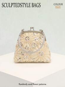 1个米色双面镂空钩编花卉亮片拼接亚麻手提包，时尚奢华水钻装饰手拿包，适合新娘、婚礼、派对、晚宴等场合使用（花卉亮片图案随机分布） - 米色 - 查看 11