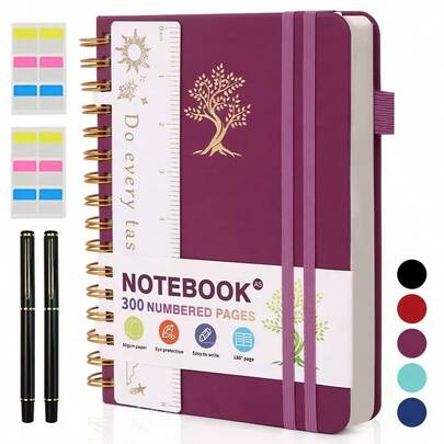 A5 Spiral Notebook, Hard Leather Cover, 300 Numbered Pages, College Ruled Notebook, 5.9" X 8.5", Spiral Bound Notebook With 2 Sticky Notes And 2 Black Pens, Suitable For School, Office, Work