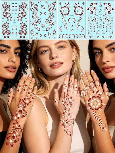 4pcs Vintage Red & White Floral Tattoo Stickers, Waterproof & Long-Lasting, Symmetrical Scroll Pattern, Strong Vibe, Unisex Temporary Tattoo For Waist, Abdomen, Arm Decoration, Assorted Designs
