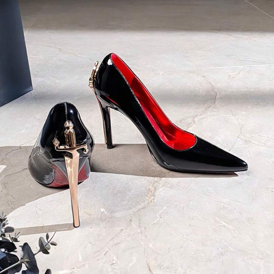 2026 New Style Metal Scepter Black And Red Floral Pattern High Heels, Stiletto Heel, Comfortable And Stylish Pointed Toe, Low-Cut, 10cm Heel Heel - 黑色 - 查看 1