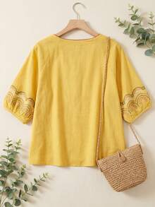 Vintage Embroidered Short Sleeve T-Shirt For Women, Floral Embroidery Casual Blouse Summer - Yellow - View 5