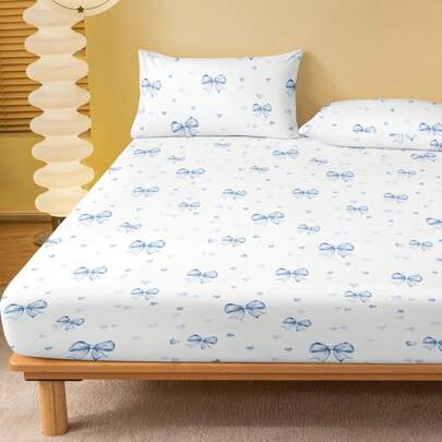 2/3pcs Light Blue Bow Knot Heart Shaped Love Fitted Sheet Set (1Pc Fitted Sheet+1/2pcs Pillowcases), Mattress Protector, Mattress Cover For Bed, Bed Sheet Set, Soft And Breathable, For All Size Bed -Twin, Full, King, Queen Size Sheet Deep Pocket Up To 11.8 Inch Home Textile