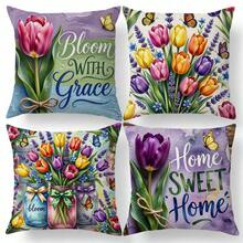4pcs Floral Style Home And Kitchen Supplies, Bedding, Home Decor With Multicolored Tulip Pattern Printed Pillow Cover(Insert Not Included), Suitable For Spring, Mother's Day, Party, Perfect For Adding A Touch Of Holiday Cheer To Your Living Space - Purple - View 1