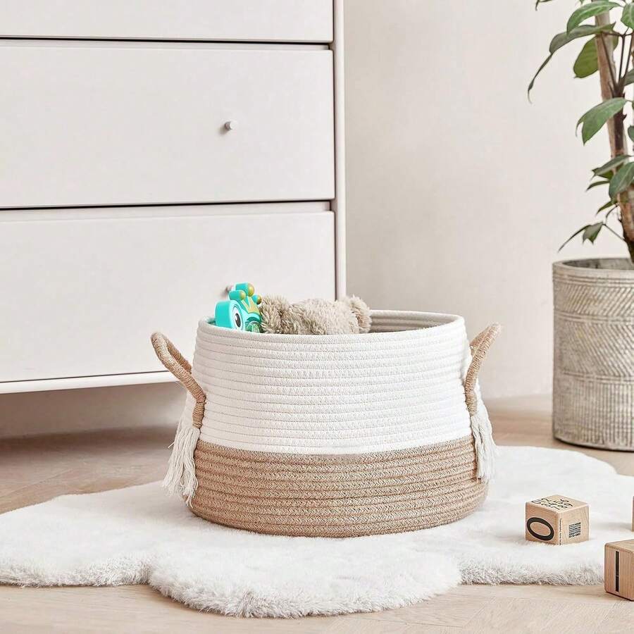 1 Stück Boho gewebter Kasten mit Quasten-Griffen, Spielzeug Aufbewahrungsbox, Aufbewahrungskorb für Kleinigkeiten, Spielzeug, Kleidung, platzsparender Aufbewahrungsorganisator für Küche, Schlafzimmer, Büro, Schreibtisch, Kommode, ästhetische Raumdekoration, Landhausstil Dekoration