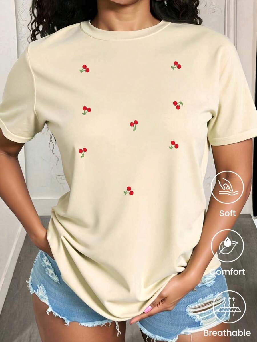 Camiseta de manga corta nueva primavera-verano, gramaje de 180 g. Estampado de dibujos animados, modelo para parejas. - Albaricoque - Ver 1