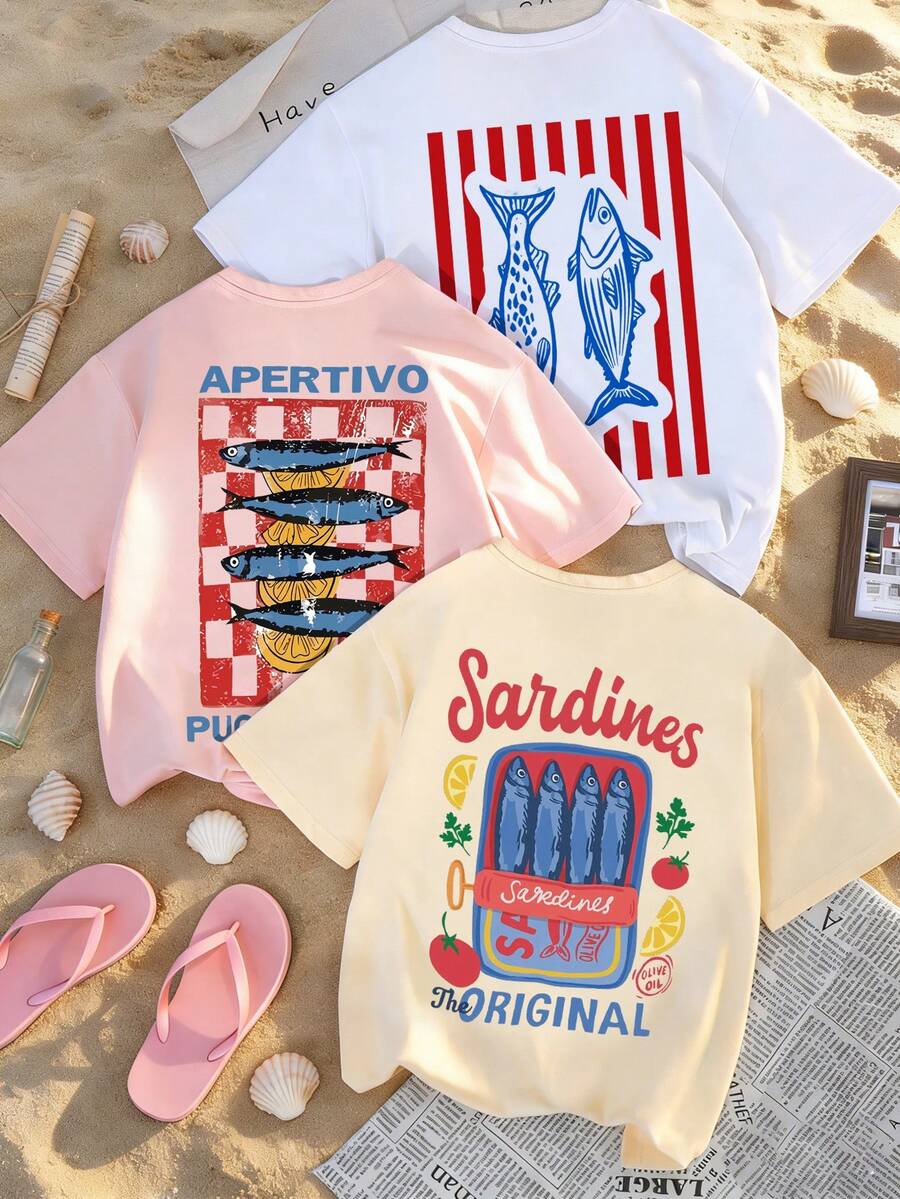 3pcs/Set Summer New Minimalist Illustration Cute Cartoon Graphic Print Casual Round Neck Short Sleeve T-Shirt, Fashionable & Versatile Women Tops - White, Pink and Apricot - View 1