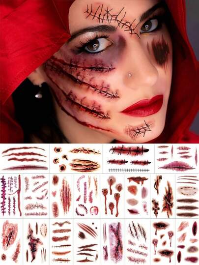 20pcs Halloween Scar Tattoos, Fake Blood Tattoos, Vampire Bite Marks, Zombie Temporary Tattoos, Waterproof Scar Tattoos, Suitable For Holiday Parties, Pranks, Easter Cosplay