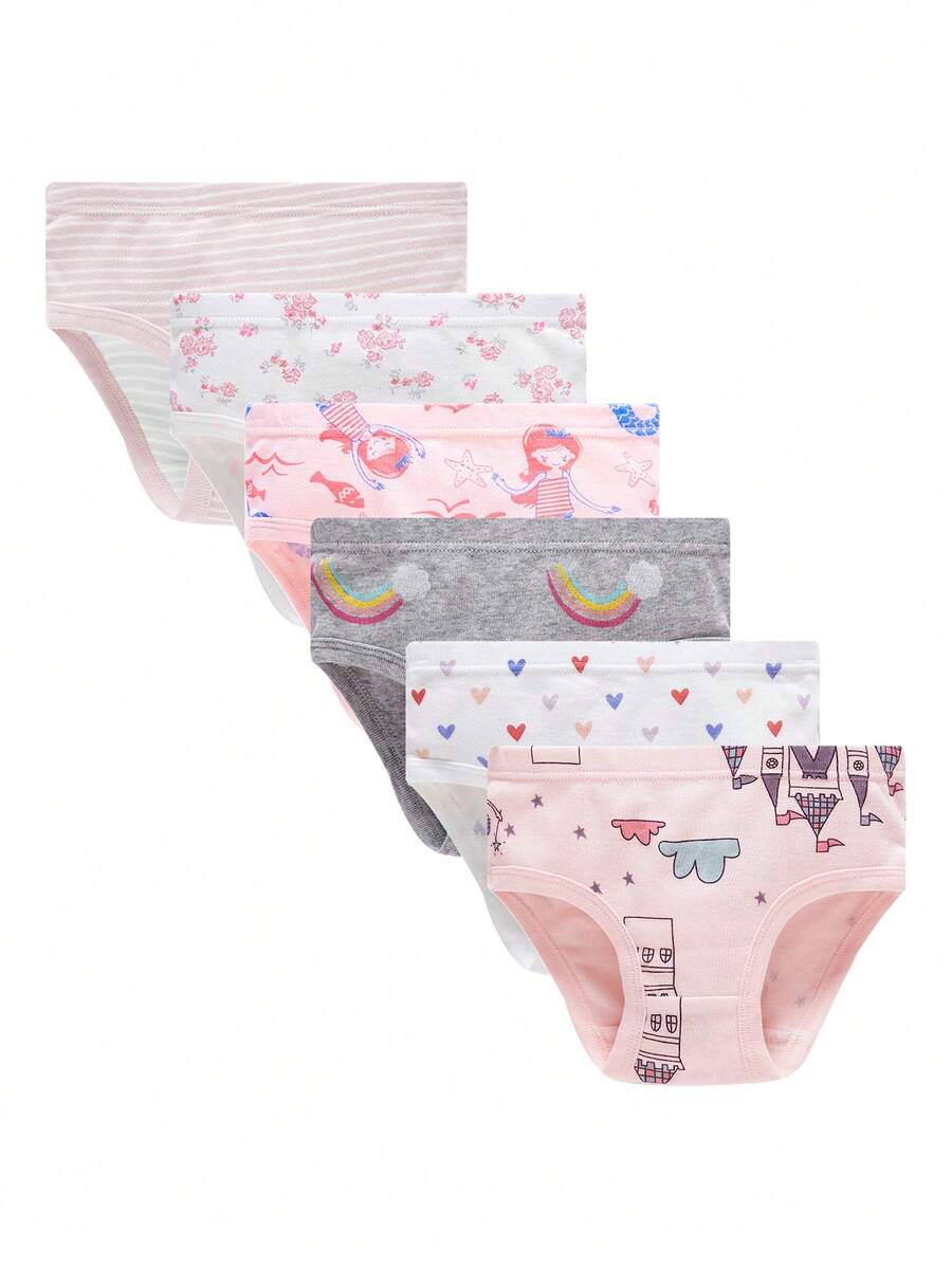 6 piezas de bragas triangulares cómodas y transpirables para niñas con estampados de corazones, arcoíris y castillos - Multicolor - Ver 1