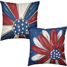 2 pièces Housse de coussin à imprimé floral patriotique, housse de coussin décorative avec drapeau américain et fleurs, convient pour la décoration de la maison le Jour de l'Indépendance, imprimé sur un seul côté, insert de coussin non inclus - Multicolore - Voir 7