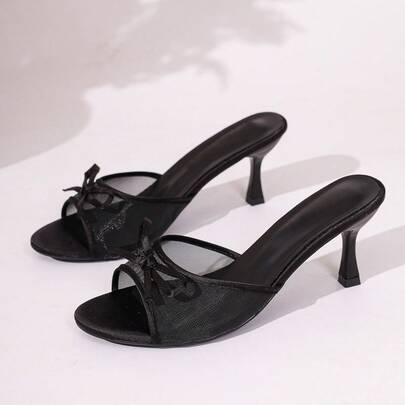 Black Open Toe High Heel Sandals, Elegant Bowknot Decor, Round Toe Breathable Mesh Design, Minimalist Thin Strap Women Sandals, Spring/Summer