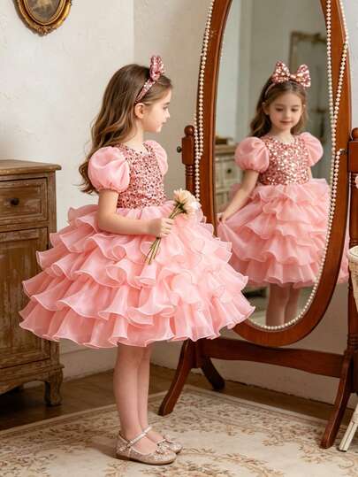Young Girl New Cake Style Tulle Dress, Birthday Party Flower Girl Sequin Dance Recital Gown + Headband (There Are Positioning Holes In The Inner Lining Of The Dress, Which Is A Normal Craft; Please Select The Size According To The Bust Measurement)