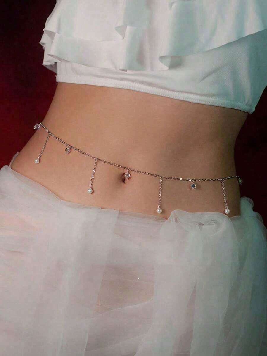 1pc Women Rhinestone & Faux Pearl Charm Chain Belt Street Halloween Valentine's Day Valentines Summer, School Fall, Autumn, Halloween - 銀色 - 查看 1