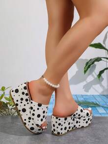 2026 Women's Sandals, White & Black Polka Dot Platform Wedge Heels, Fashionable Round Toe Slip-On Elevated Comfortable Sandals, Suitable For Spring/Summer Casual, Party, Pair With Dresses - White - View 4
