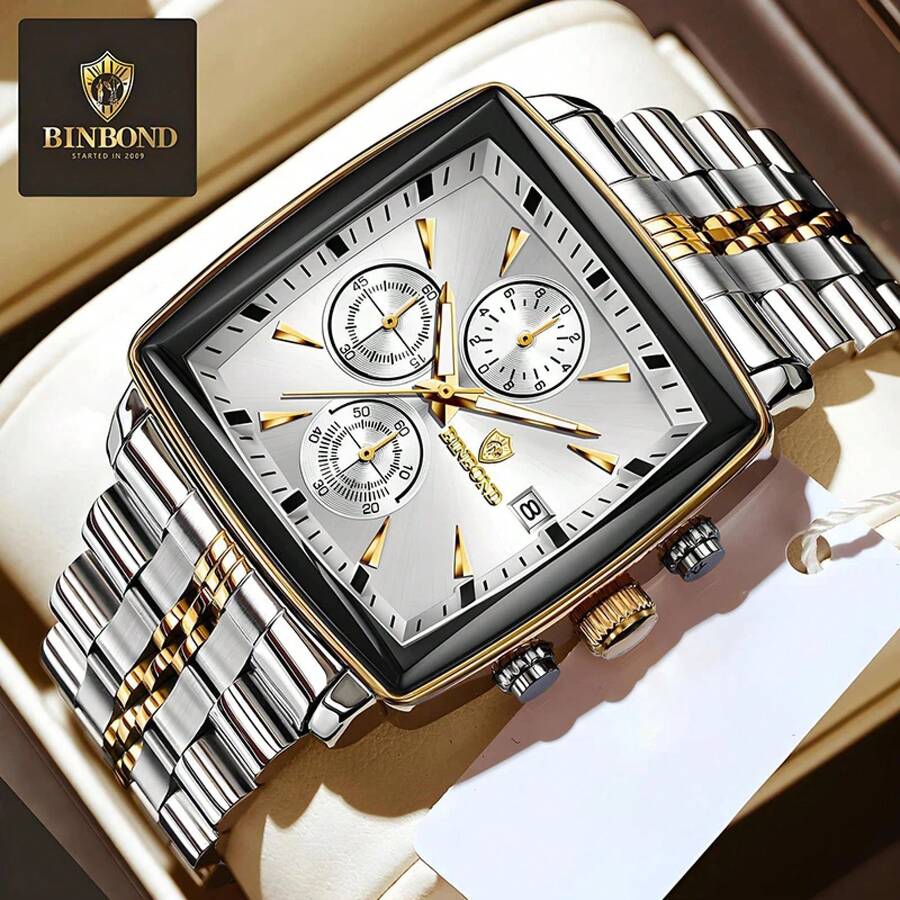 Square Men Chronograph Multifunction Watches Date For Male Clock Quartz Stainless Steel Band Wrist Watches Men  Fashion - Gold Blue - View 1