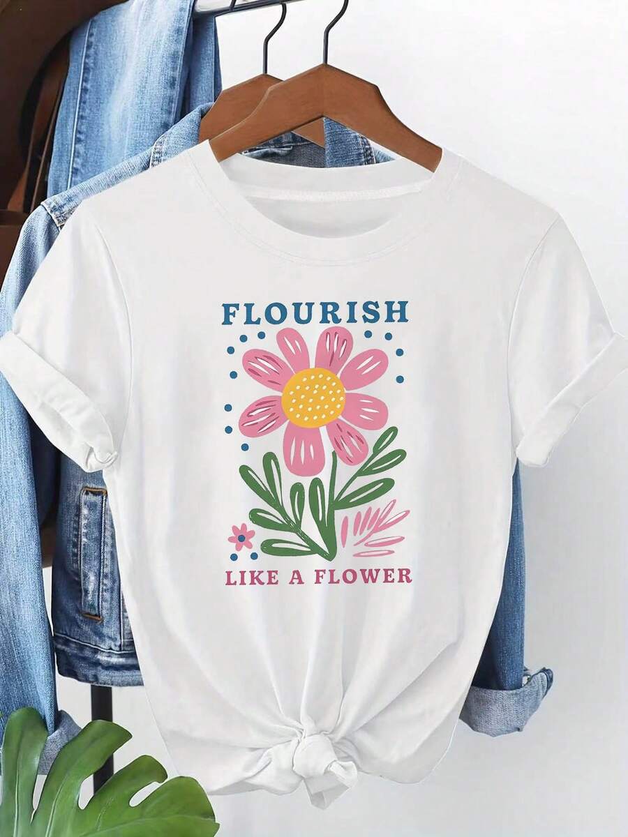 Talla Grande, Camiseta De Talla Grande Para Mujer "FLORECER COMO UNA FLOR" - Top De Manga Corta Y Cuello Redondo Compatible Con Blusa Con Estampado, Estilo Blusa Casual De Primavera Verano Adecuada Para Uso Diario, Atuendos Y Camiseta Botánica Lavable A MáquinaWomen Standard Size Casual T-Shirt Breathable Lightweight Short Sleeve Tee - 白色 - 查看 1