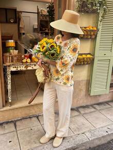 女士V领镂空印花宽松休闲短袖针织上衣 - 夏季时尚日常百搭街头沙滩度假必备 - 彩色 - 查看 3