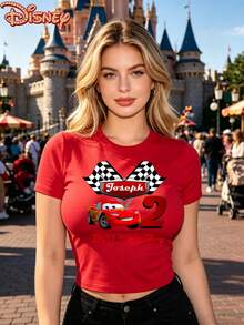 Disney Licensed Style | Lightning McQueen Birthday Custom Print Slim Fit Women's Short Sleeve T-Shirt - Playful Vitality & American Casual Vibe, Soft Breathable Fabric, Crew Neck, Ideal For Birthday Party & Daily Casual Wear - Đỏ - Xem 1