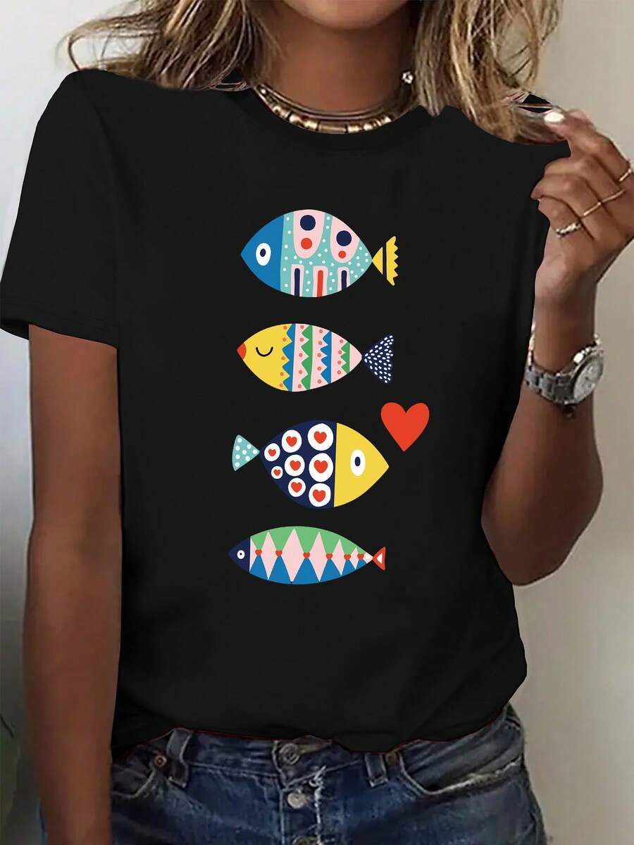 Women's Short-Sleeved, Crew-Neck T-Shirt With A Blue Fish And Heart Print, Featuring A Smiling Fish Motif And Nautical Design. Machine-Washable Beachwear, Suitable For All Seasons And Everyday Wear. Women's Summer Outfit. - Black - View 1