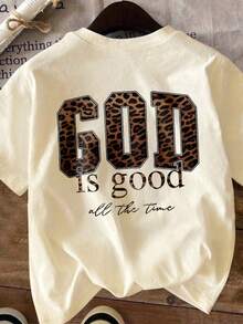 Áo thun tay ngắn cổ tròn cỡ lớn với họa tiết da báo và dòng chữ "God Is Good", chất liệu co giãn cao, dáng suông, thích hợp cho mùa hè. - Màu be - Xem 4