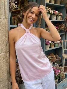 Womens Flowy Halter Tops Summer Fashionable Dot Print/Solid Color Backless Going Out Vest - Pink - View 2