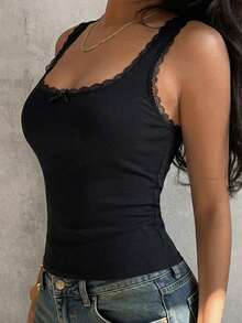 2pcs/Set Women's Sexy Sheer Lace Patchwork Ribbed Camisole Vest - Multicolor - View 2