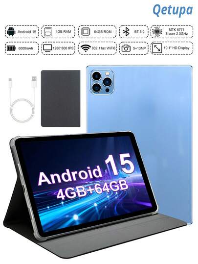  Qetupa 10.1 Inch Android 15 Tablet PC, With Protective Case, MTK6771 Octa-Core 2.0GHz Processor, 8GB RAM + 128GB/256GB ROM (Expandable To 1TB SD Card), 1280x800 IPS Touchscreen, 5MP Front Camera And 13MP Rear Camera, 6000mAh Battery, Bluetooth 5.2, 802.11ax Wi-Fi 6, GPS, Type-C Charging Port. Does Not Support SIM Card.