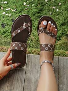 Fashionable Printed Flat Sandals, Artistic Print Geometric Pattern Sandals For Outdoor Summer - Coffee Brown - View 6