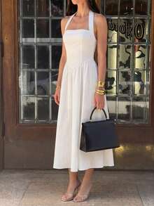 Unadoll Women's Spring Summer French Elegant White Halter Square Neck Waist Cinching Flared Hem Split Thigh Midi Dress Vacation Wedding Guest Outfit - White - View 4