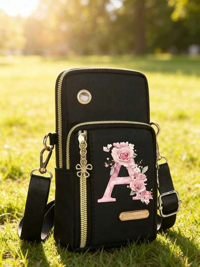 Women'S Phone Bag, Pink Floral Initial Printing Mini Floral Crossbody Bag, Vertical Coin Purse For Women, Sports Arm & Running Wrist Bag, Mini Casual Shoulder Crossbody Phone Bag With Earphone Hole, New Nylon Fabric Design, Women'S Handbag, Fashion White-Collar Workers College,Work, Business, Commute,Office,For Anniversary,For Lover,For Birthday Gift,On Valentine Day Christmas Gift,Thanksgiving Gift, Mother'S Day Gifts, Teacher'S Day Gift, Sisters Gifts