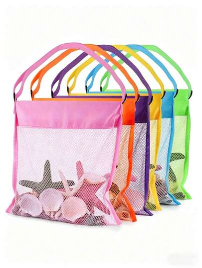 1个亮色网眼沙滩手提袋（尺寸：长22厘米 x 宽25厘米） - 轻便，配有可调节肩带，可折叠设计，适合户外活动、野餐和贝壳收集，是沙滩必备单品 | 亮色手提袋 | 耐用提手，男女皆宜，可作为沙滩游泳派对用品，也是送给朋友、女士的礼物，旅行必备