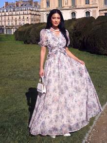 UNITHORSE Floral Print V-Neck Ruched Lantern Sleeve Graceful Ethereal Chiffon Dress - Multicolor - View 4