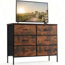 Sweetcrispy Dresser Bedroom 6 Drawers Wide Fabric Storage Units Chest Of Drawers Bedroom With Metal Frame And Wooden Top TV - Rỉ Nâu - Xem 11