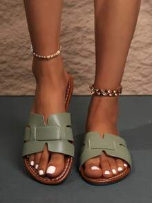 Sandalias de mujer con textura de lujo y brillo dorado, diseño minimalista hueco, suela plana ligera, sensación cómoda en los pies, adecuadas para estudiantes, trabajadoras de oficina, mamás, salidas diarias, reuniones, viajes, fotografía, combinables con trajes, pantalones anchos, vestidos de té francés, conjuntos de sudadera casual, transpirables, fáciles de poner, sin ampollas, versátiles, elegantes, para uso al aire libre - Verde militar - Ver 5