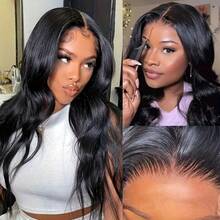 5x5 无胶假发，真人前额发，预先拔毛，预先剪裁，24 英寸水波纹蕾丝前假发，200% 即戴即用，巴西原生发，13x4 13x6 高清透明蕾丝前假发，真人混纺发，女士款，自然黑 - 自然色&黑色系 - 查看 7